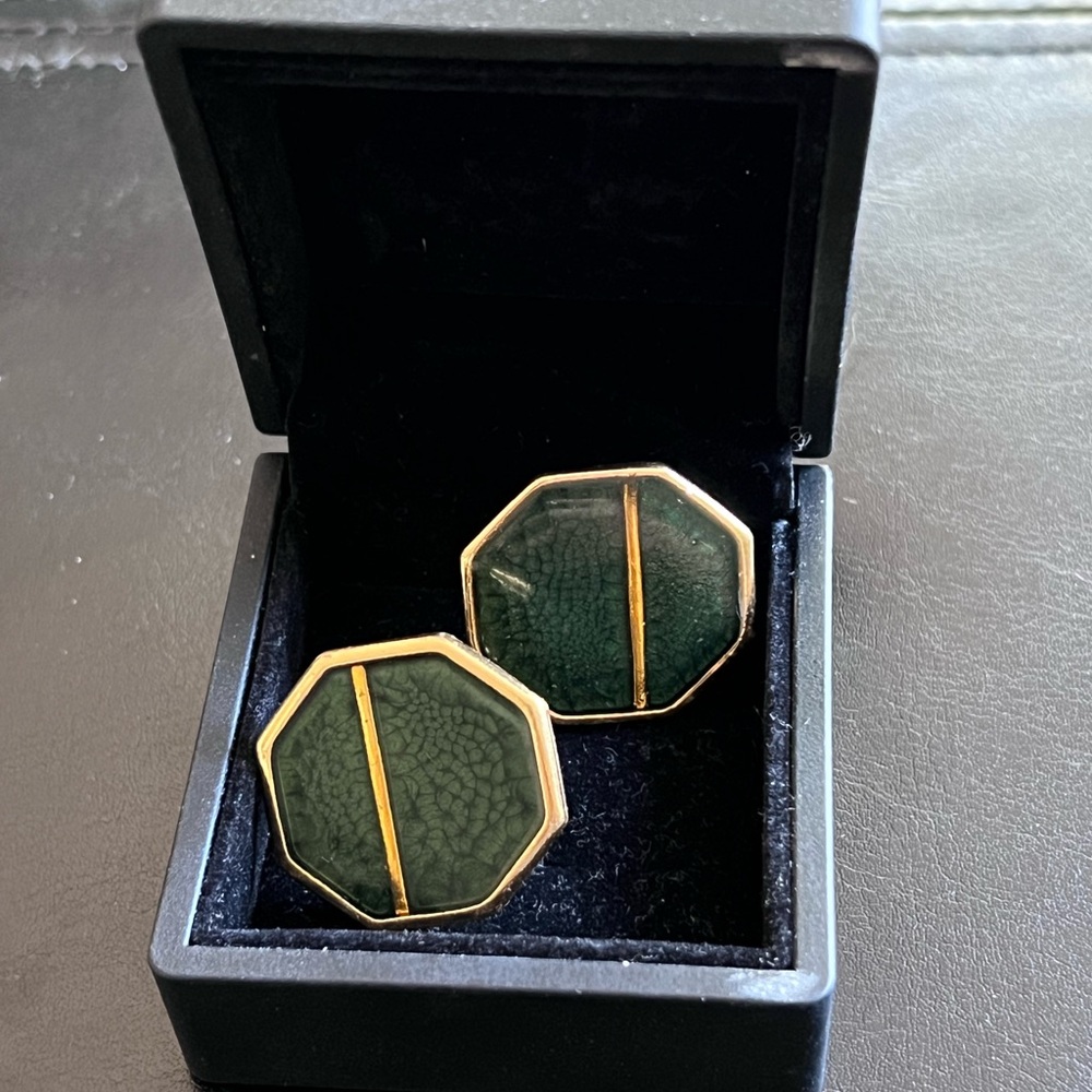 Vintage Yves Saint Laurent YSL Green and Gold-Tone Hexagon Earrings - Picture 5 of 5